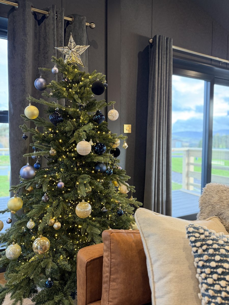 Christmas tree with warm lights and blue and gold baubles beside a sofa
